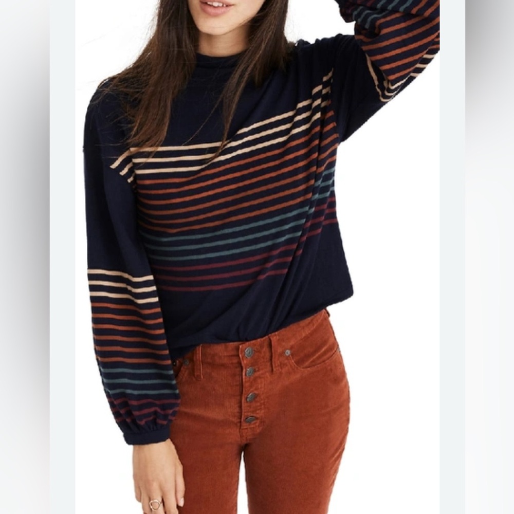 Madewell Bubble Sleeve Mock Neck in Deep Navy Striped Top Sweater XXS